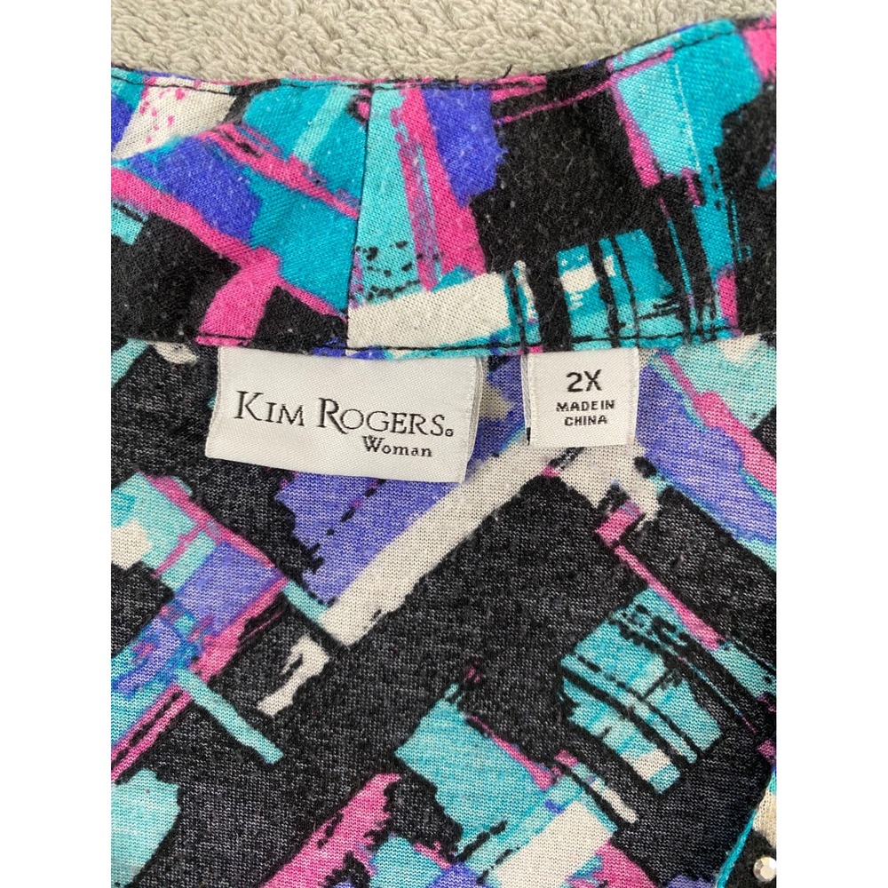 Kim Rogers Woman 2X Abstract Geometric Rhinestone V-Neck 3/4 Sleeve Top - Picture 2 of 9